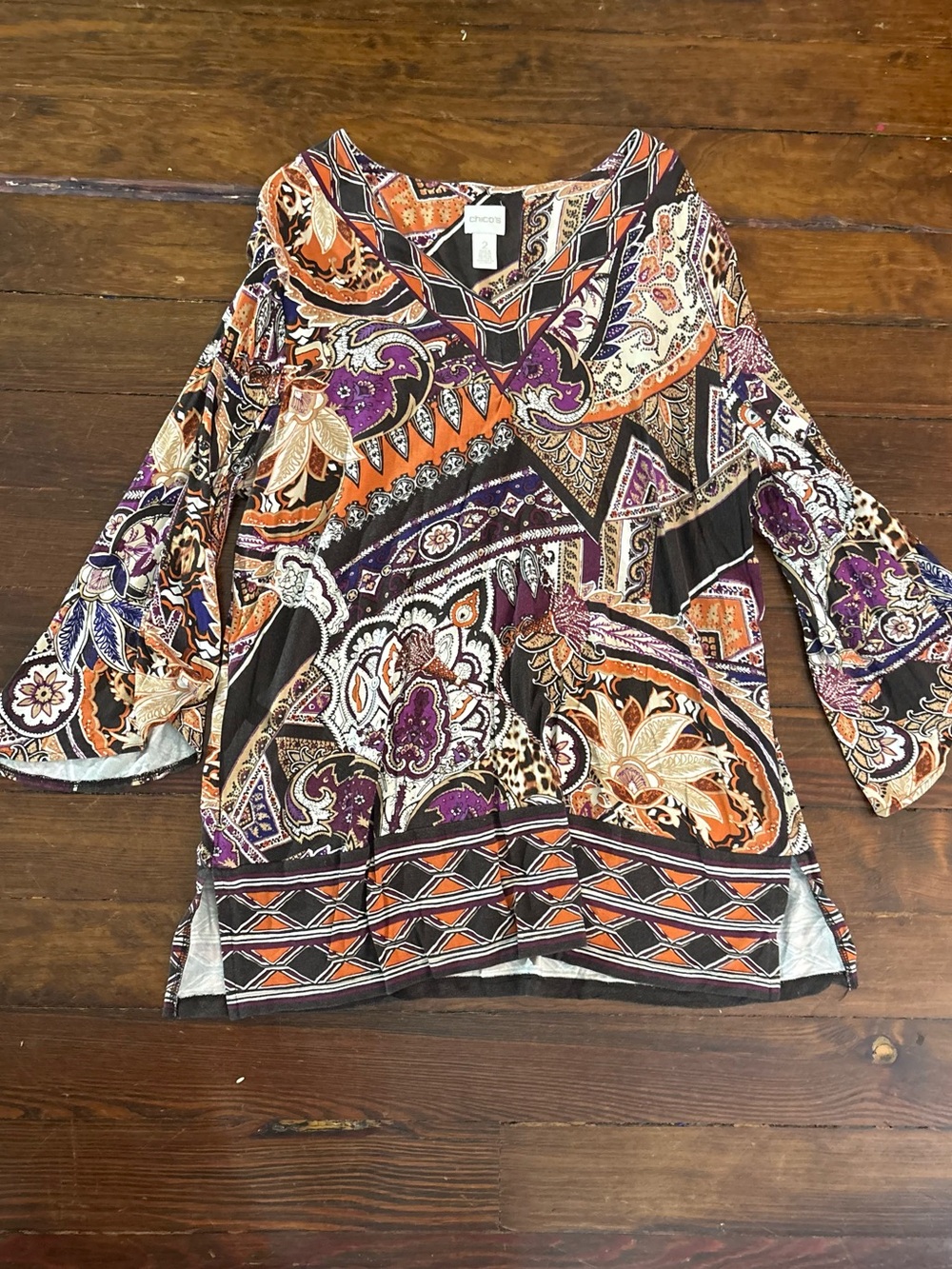 Chicos orange purple boho tunic flowy top blouse size 12